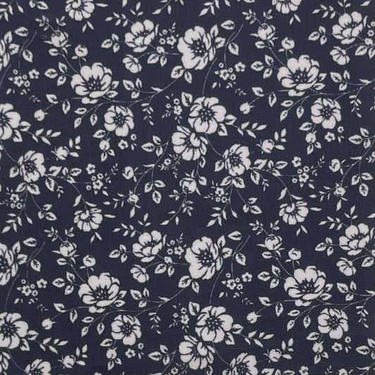 Kezie Floral in Navy on Imitation Cotton Jersey Knit, Sold by the Half Yard