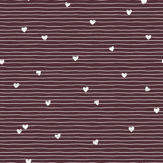 Line Hearts in Burgundy on Imitation Cotton Jersey Knit, Sold by the Half Yard