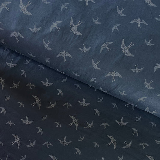 Line Drawn Birds in Blue on Double Brushed Poly, Sold by the Half Yard