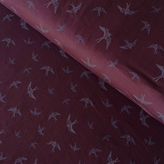 Line Drawn Birds in Red on Double Brushed Poly, Sold by the Half Yard