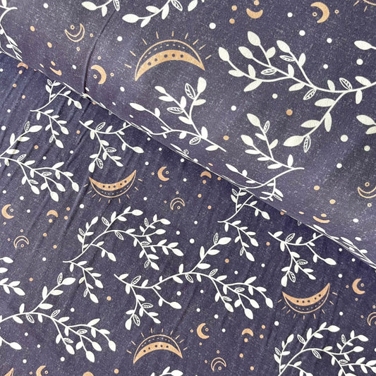 Moon and Stars Floral in Blue on Double Brushed Poly, Sold by the Half Yard