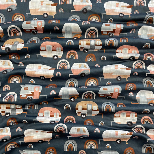 Campers in Navy on Double Brushed Poly, Sold by the Half Yard