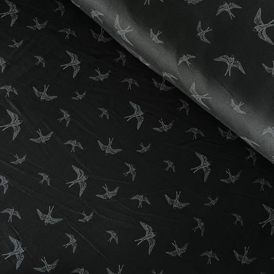 Line Drawn Birds in Black on Double Brushed Poly, Sold by the Half Yard